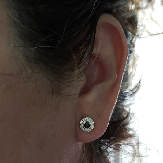 14Kt Gold Natural Black & White Diamond Halo Stud Earrings