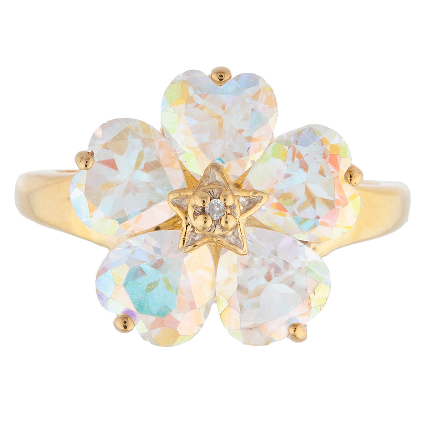 14Kt Gold Natural Mercury Mist Mystic Topaz & Diamond Heart Flower Design Ring