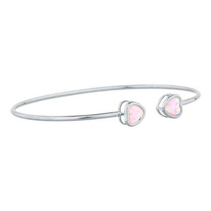 Pink Opal Heart Bezel Bangle Bracelet .925 Sterling Silver