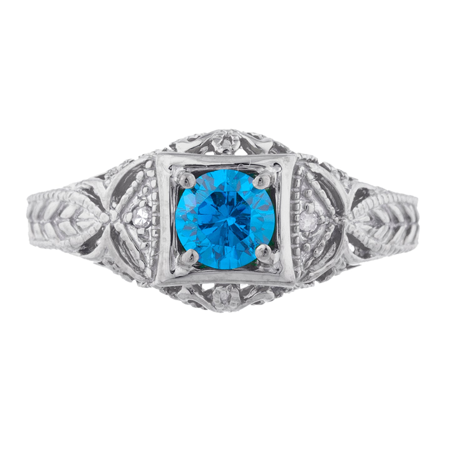 14Kt Gold Swiss Blue Topaz & Diamond Design Round Ring