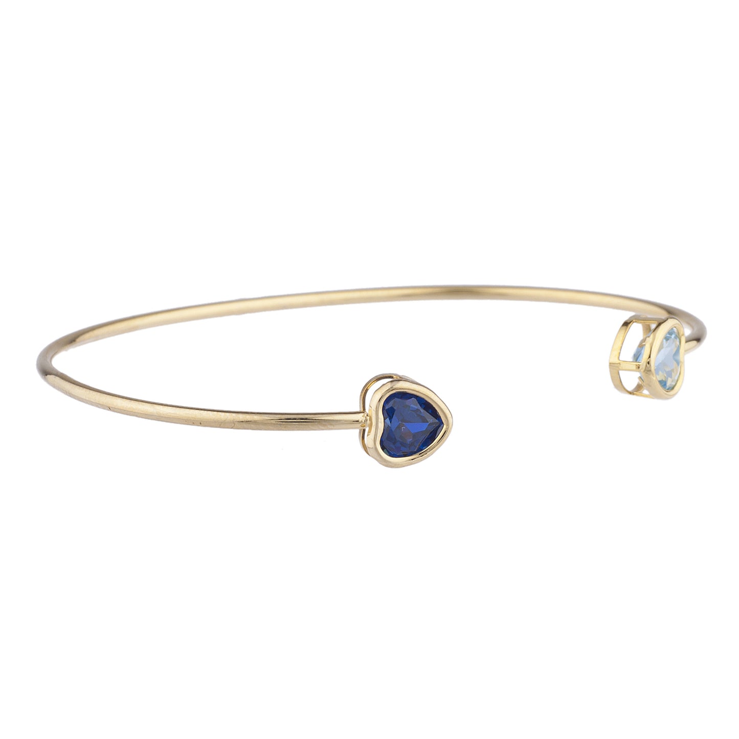 Created Blue Sapphire & Blue Topaz Heart Bezel Bangle Bracelet 14Kt Yellow Gold Plated Over .925 Sterling Silver