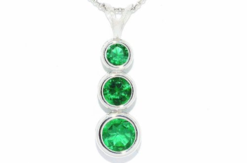 3 Created Emerald Round Bezel Pendant .925 Sterling Silver Rhodium Finish