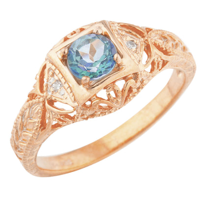 14Kt Gold Natural Blue Mystic Topaz & Diamond Design Round Ring