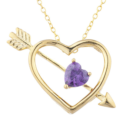 14Kt Yellow Gold Plated Amethyst Heart Bow & Arrow Pendant