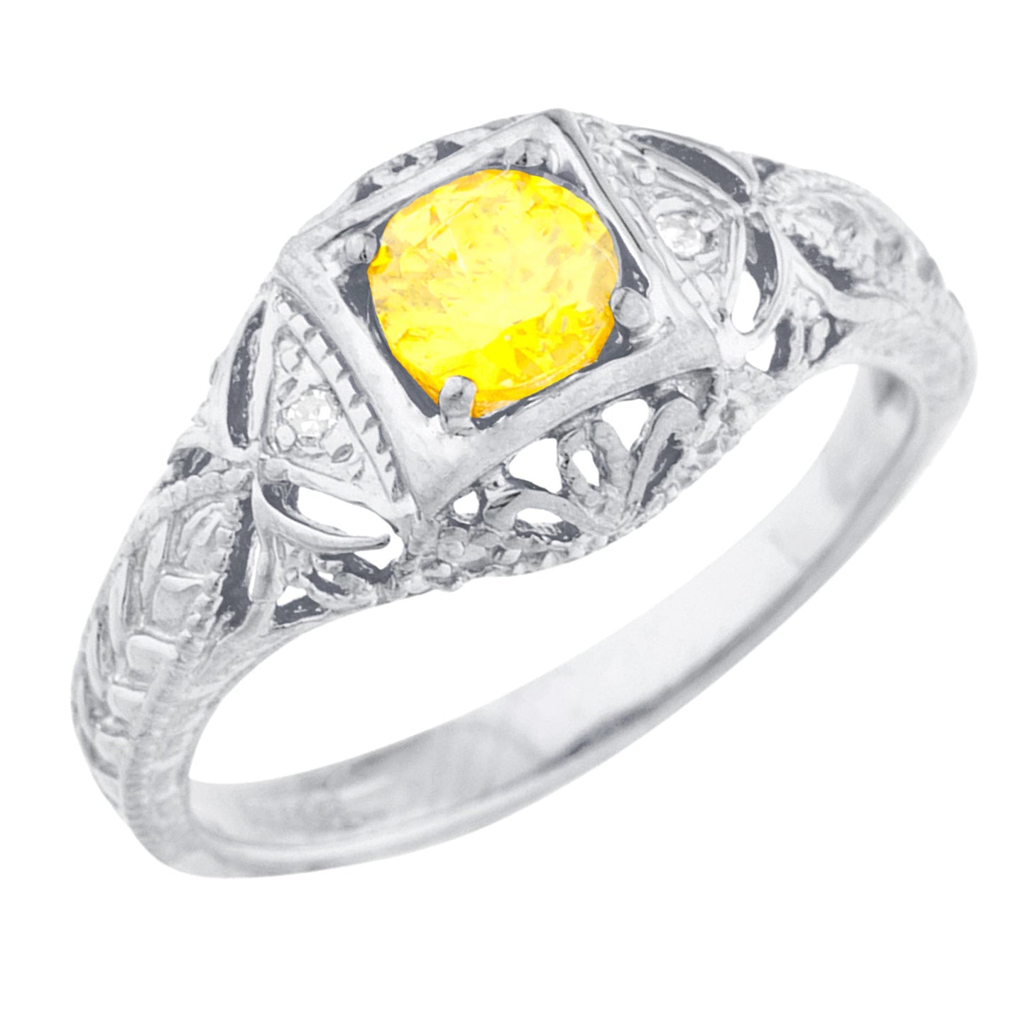 14Kt Gold Yellow Citrine & Diamond Design Round Ring