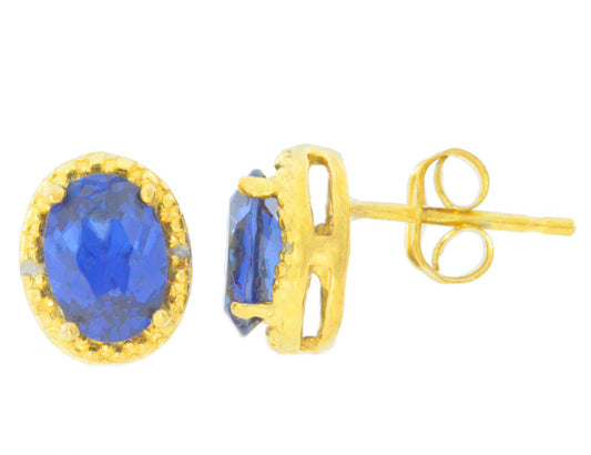 2 Ct Blue Sapphire & Diamond Oval Stud Earrings 14Kt Yellow Gold Plated