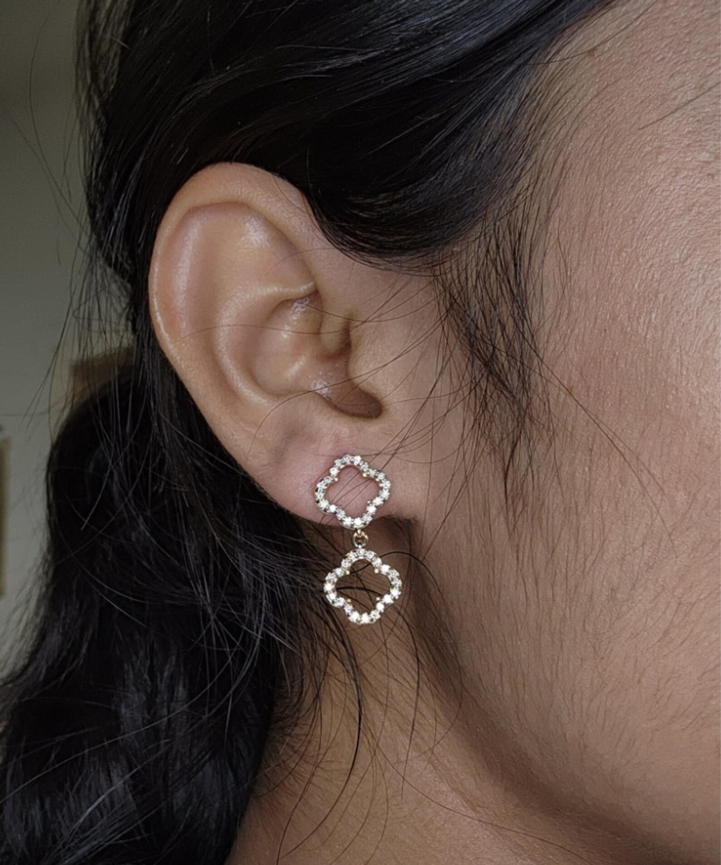 14Kt Gold 0.80 Ct Diamond Double Clover Dangle Earrings