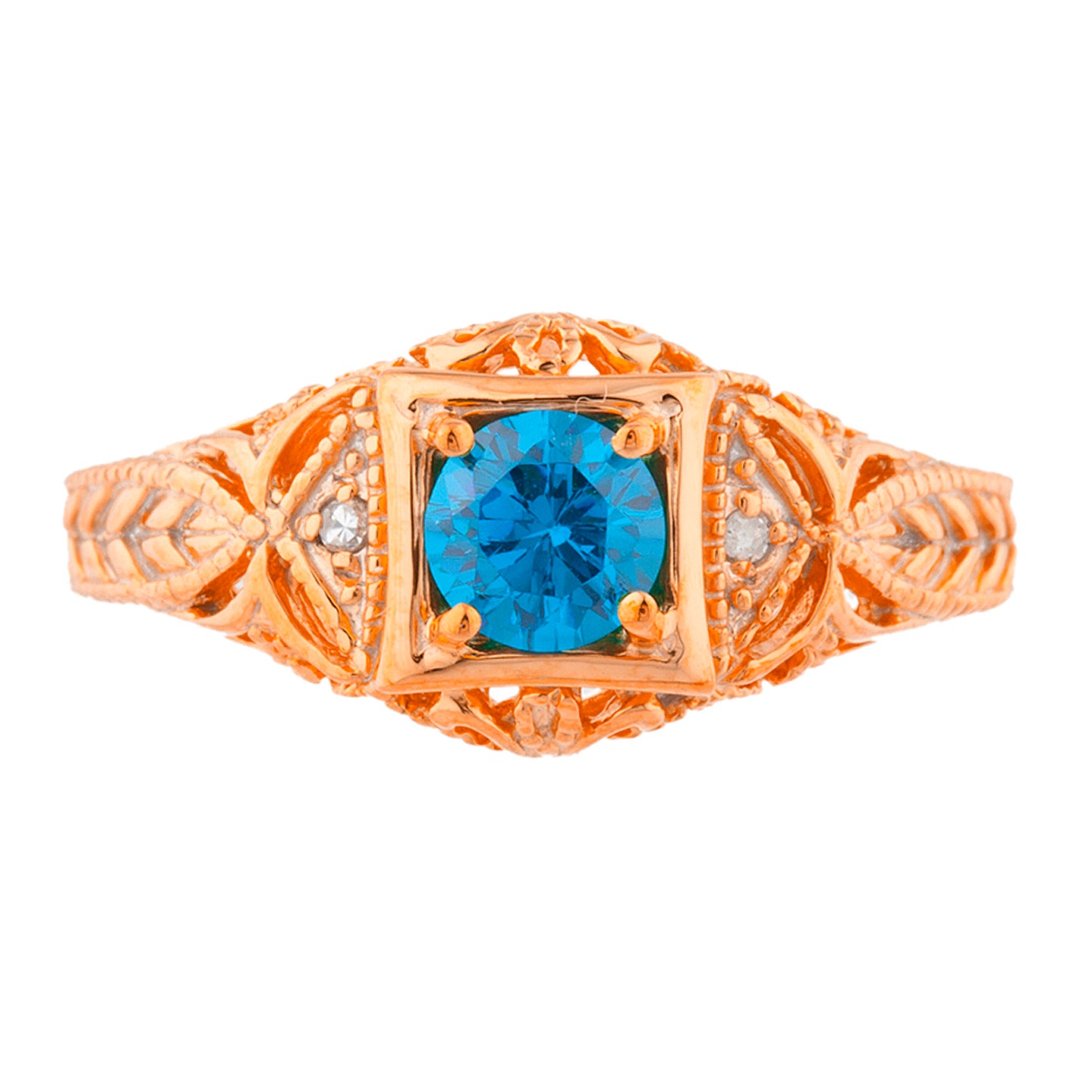 14Kt Gold Swiss Blue Topaz & Diamond Design Round Ring