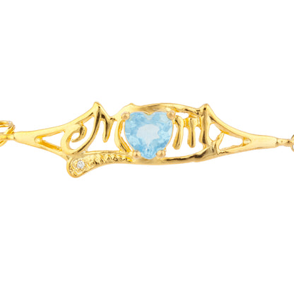 Blue Topaz & Diamond Heart Mom Bracelet 14Kt Yellow Gold Plated Over .925 Sterling Silver