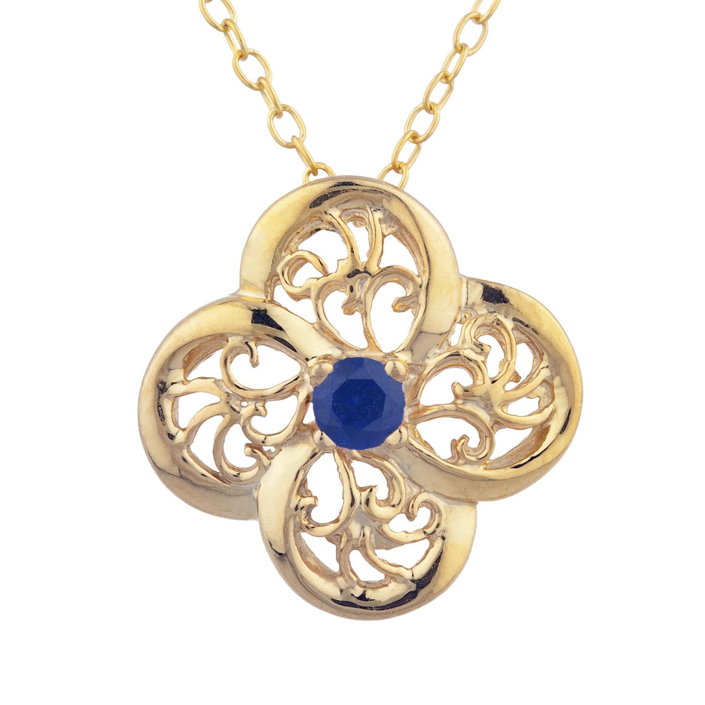 14Kt Gold Blue Sapphire Clover Design Pendant Necklace