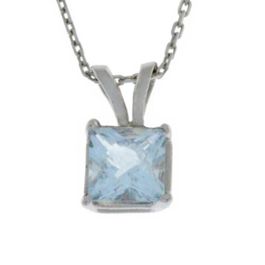 14Kt Gold Genuine Aquamarine Princess Cut Pendant Necklace