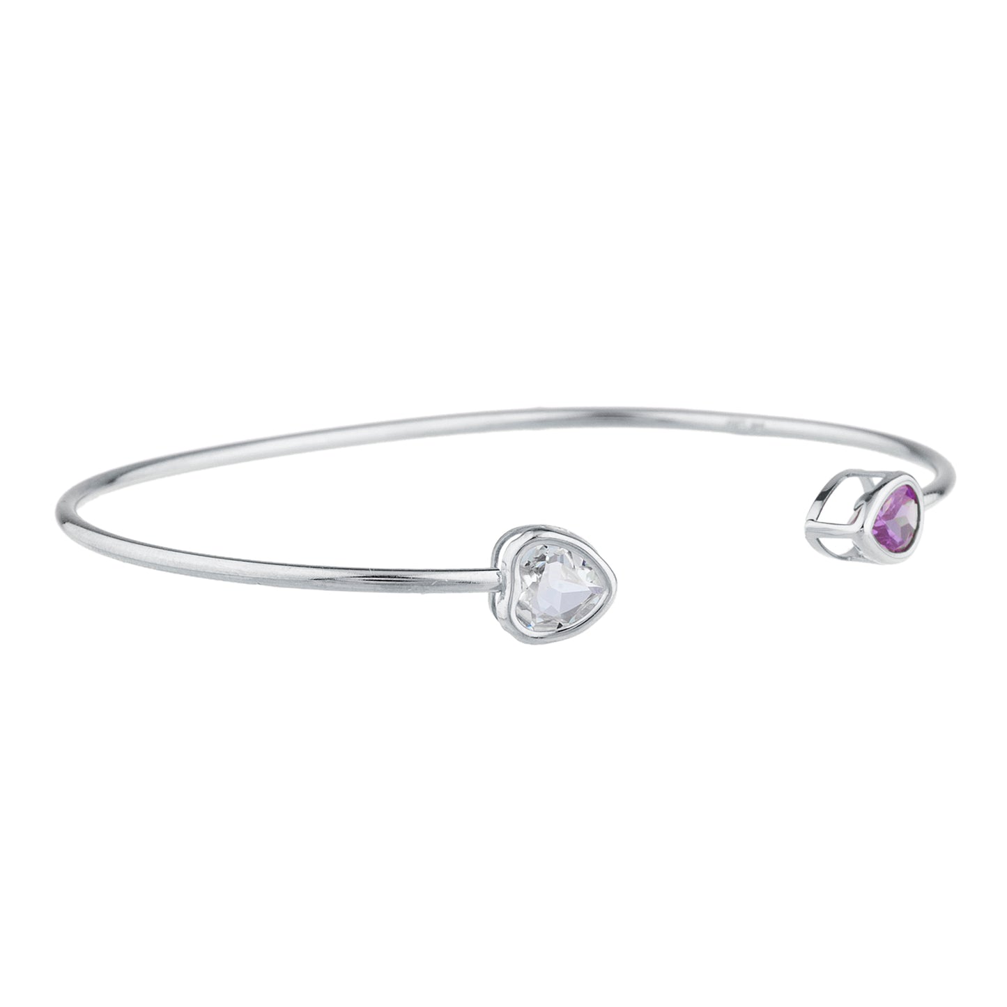 Aquamarine Heart & Amethyst Pear Bezel Bangle Bracelet .925 Sterling Silver Rhodium Finish