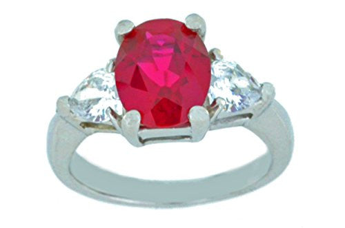 4 Ct Created Ruby Oval & White Topaz Heart Ring .925 Sterling Silver Rhodium Finish