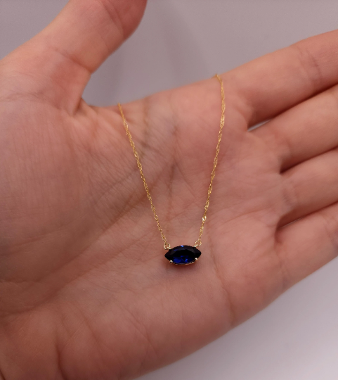 14Kt Gold Blue Sapphire Marquise Pendant Necklace
