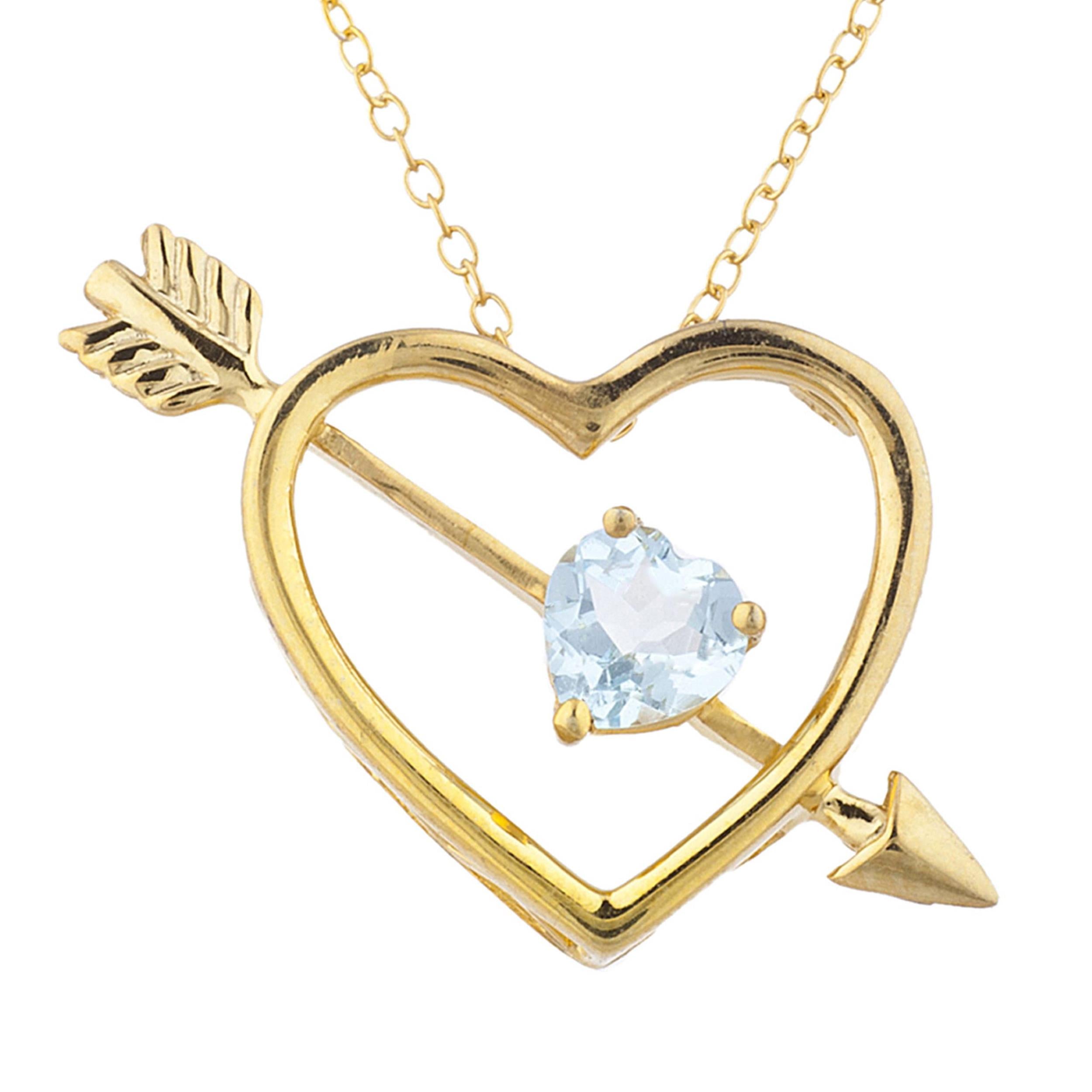 14Kt Gold Aquamarine Heart Bow & Arrow Pendant Necklace