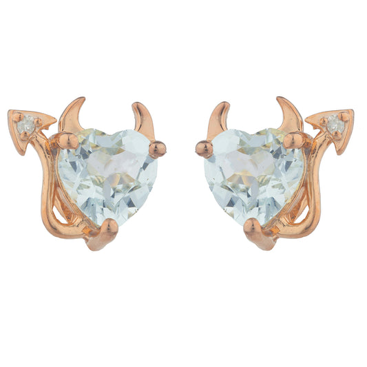 Genuine Aquamarine & Diamond Devil Heart Stud Earrings 14Kt Rose Gold Plated