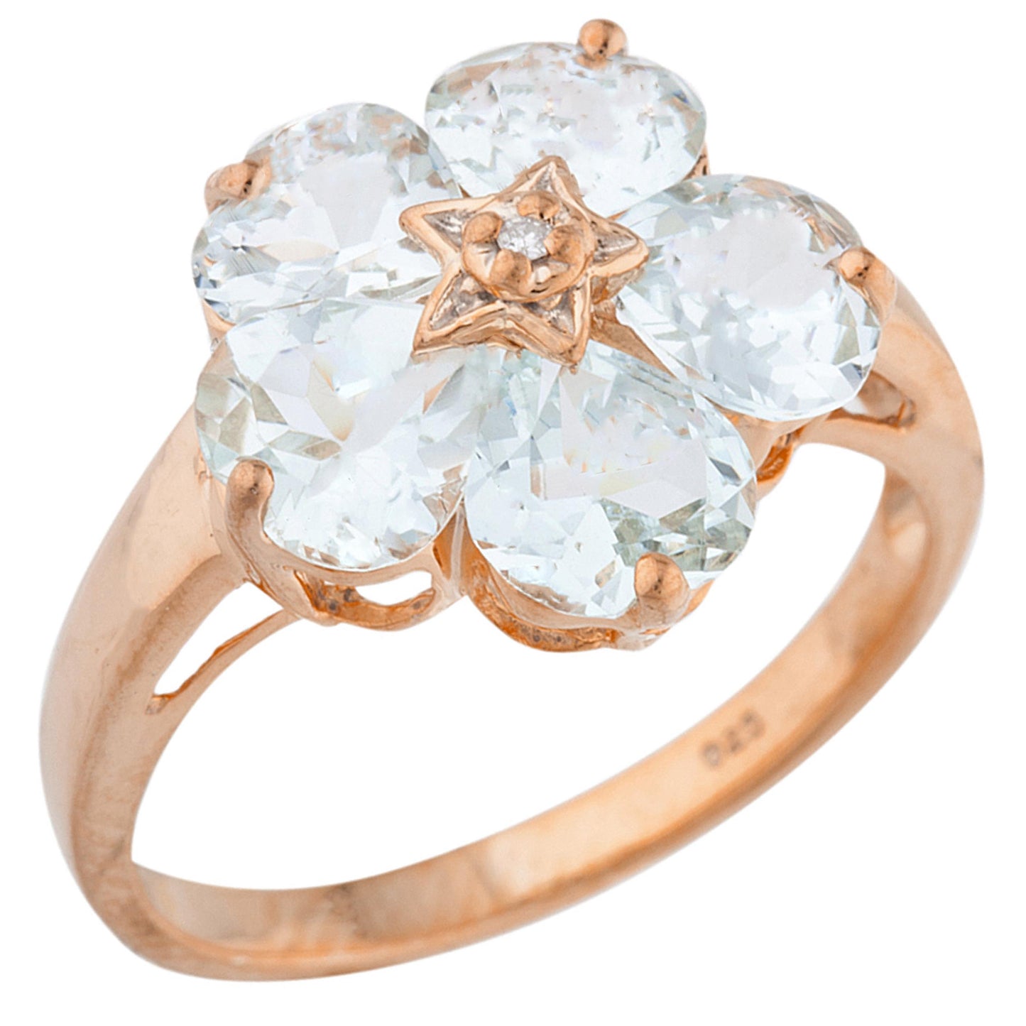 14Kt Gold Genuine Aquamarine & Diamond Heart Flower Design Ring