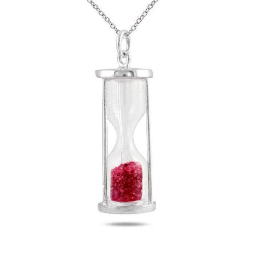 Natural Ruby 0.75 Ct 'Time in Bottle' Dust Hourglass Pendant .925 Sterling Silver