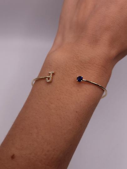 14Kt Gold Blue Sapphire & Diamond Initial Letter Bangle Bracelet