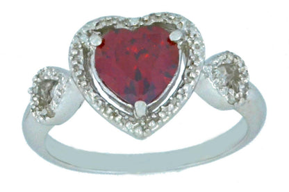 1.5 Ct Garnet & Diamond Heart Ring .925 Sterling Silver Rhodium Finish