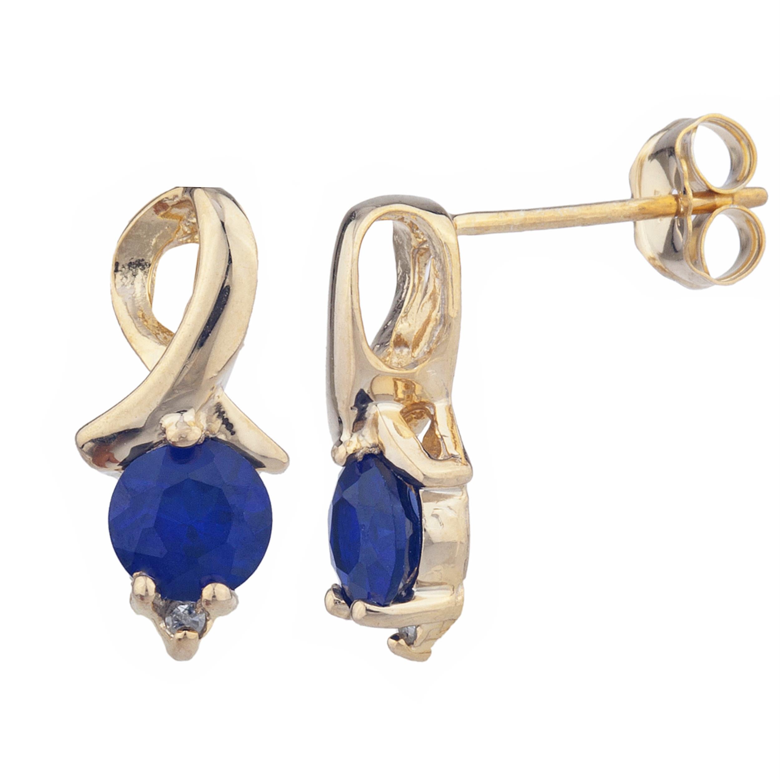 14Kt Gold Blue Sapphire & Diamond Round Design Stud Earrings