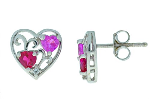 1 Ct Pink Sapphire & Ruby Double Heart Stud Earrings .925 Sterling Silver