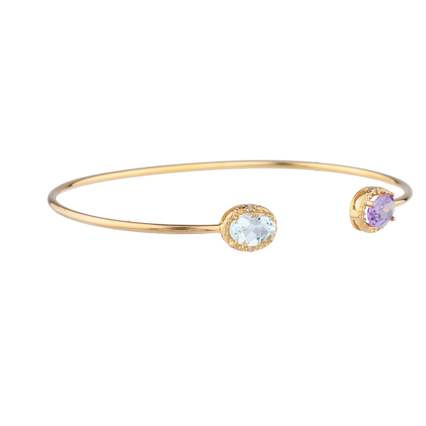 Aquamarine & Amethyst Diamond Bangle Oval Bracelet 14Kt Yellow Gold Plated Over .925 Sterling Silver