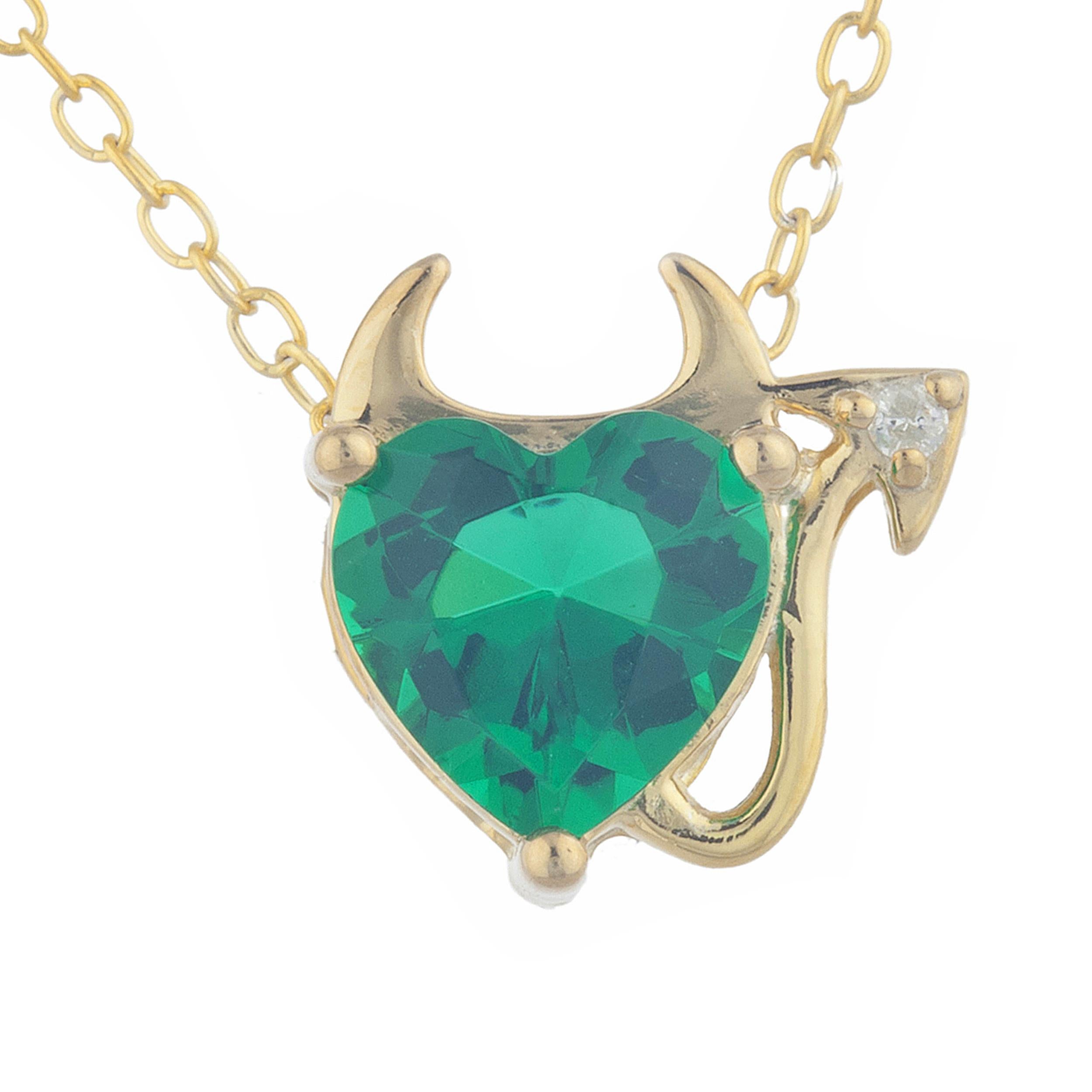 14Kt Gold 1.5 Ct Emerald & Diamond Devil Heart Pendant Necklace