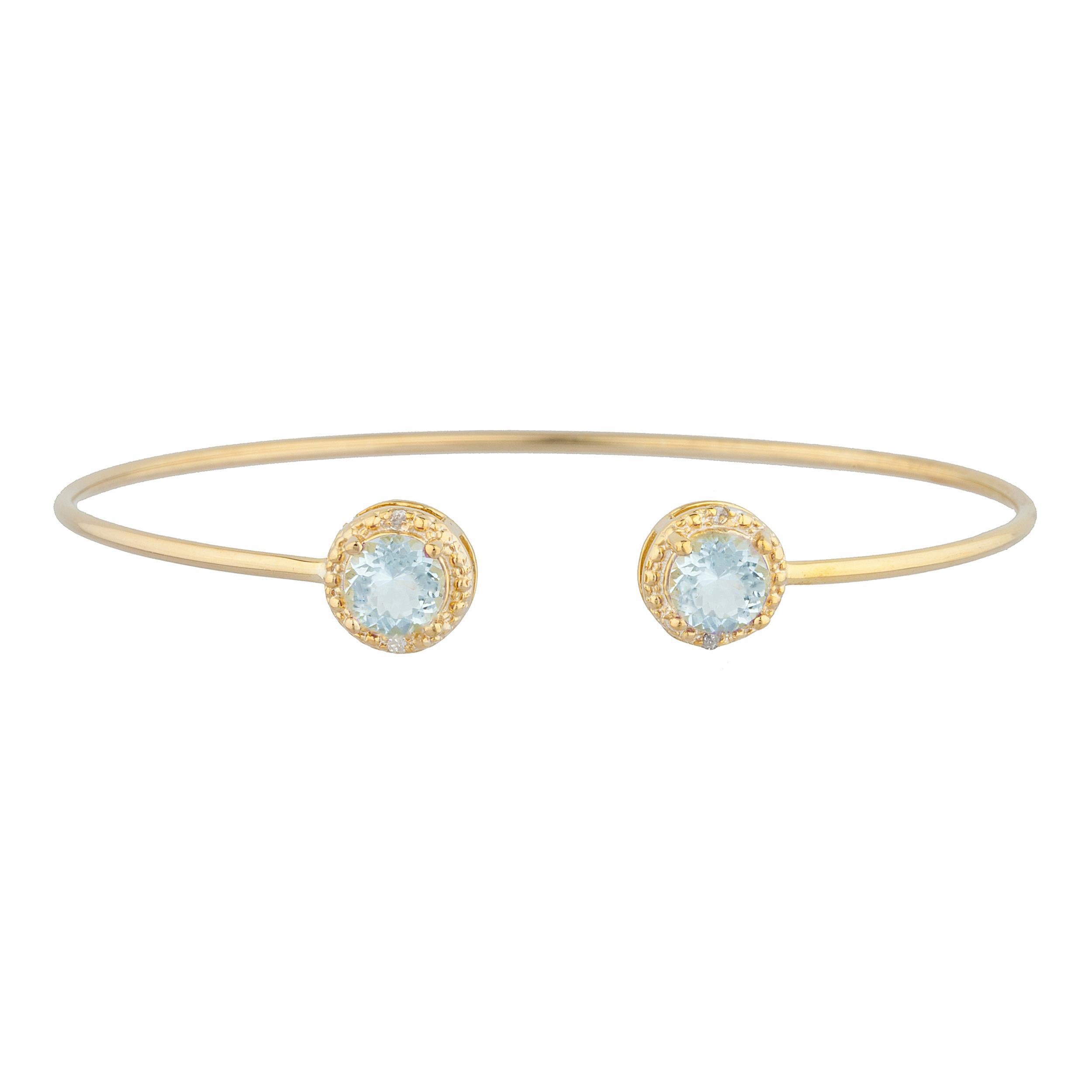 14Kt Gold Genuine Aquamarine & Diamond Round Bangle Bracelet
