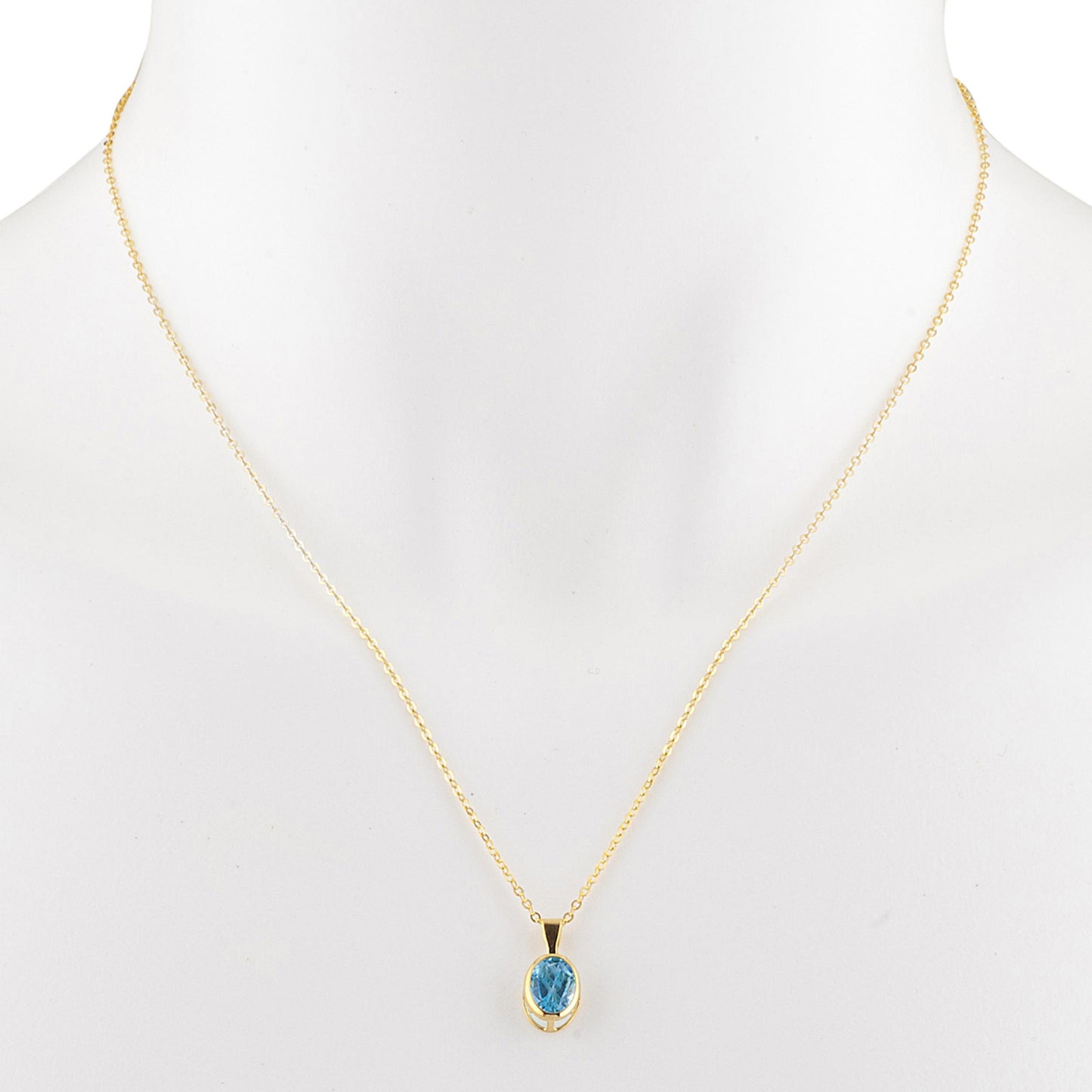 14Kt Gold Blue Topaz Oval Bezel Pendant Necklace