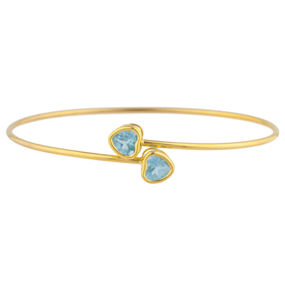 14Kt Yellow Gold Plated Blue Topaz Heart Bezel Bangle Bracelet