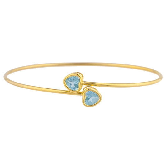 14Kt Yellow Gold Plated Blue Topaz Heart Bezel Bangle Bracelet