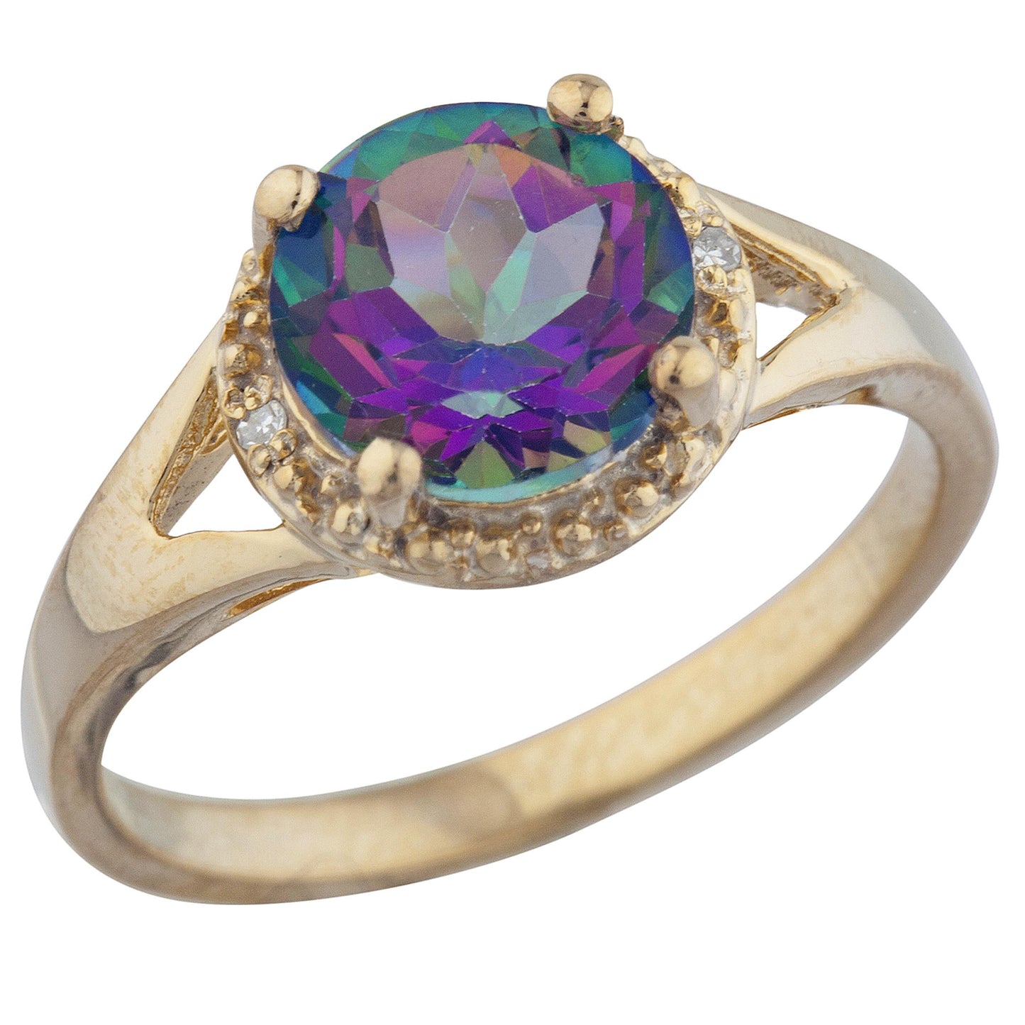 14Kt Gold 2 Ct Natural Mystic Topaz & Diamond Halo Design Round Ring