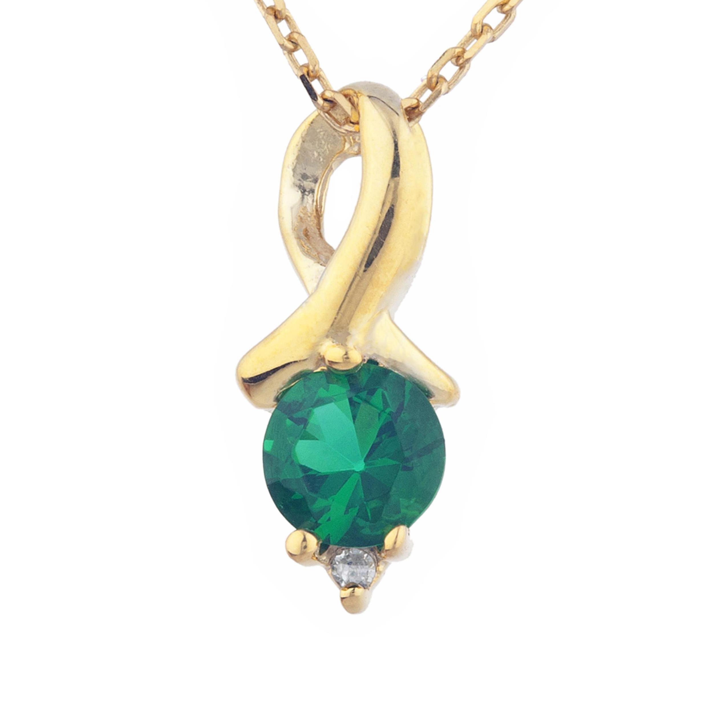 14Kt Gold Emerald & Diamond Round Design Pendant Necklace