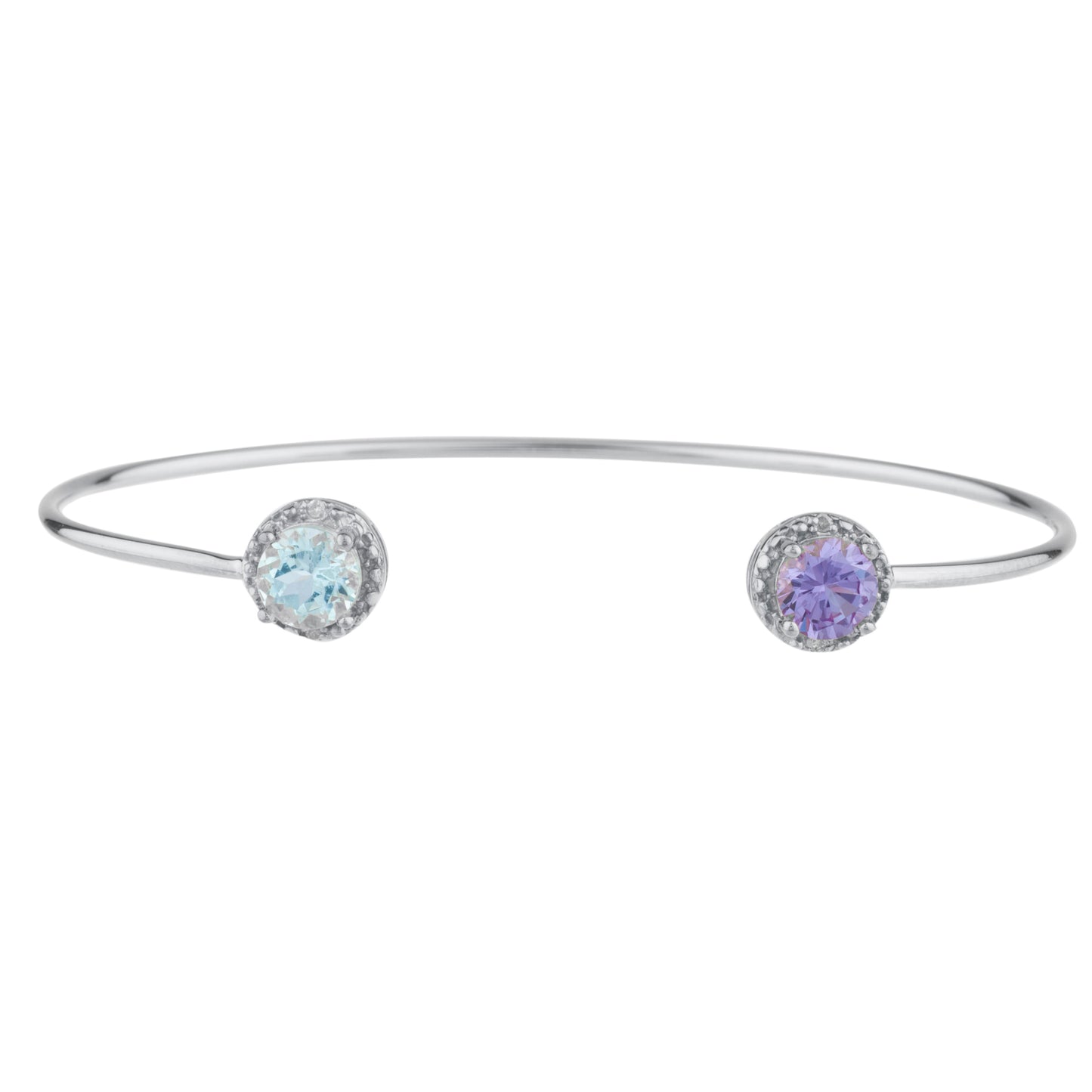 Genuine Aquamarine & Amethyst Diamond Bangle Round Bracelet .925 Sterling Silver Rhodium Finish