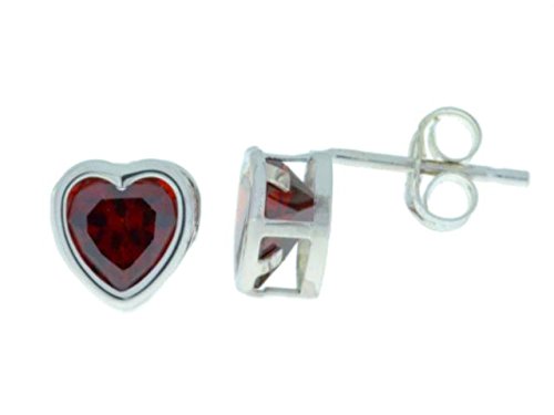 14Kt White Gold Garnet Heart Bezel Stud Earrings