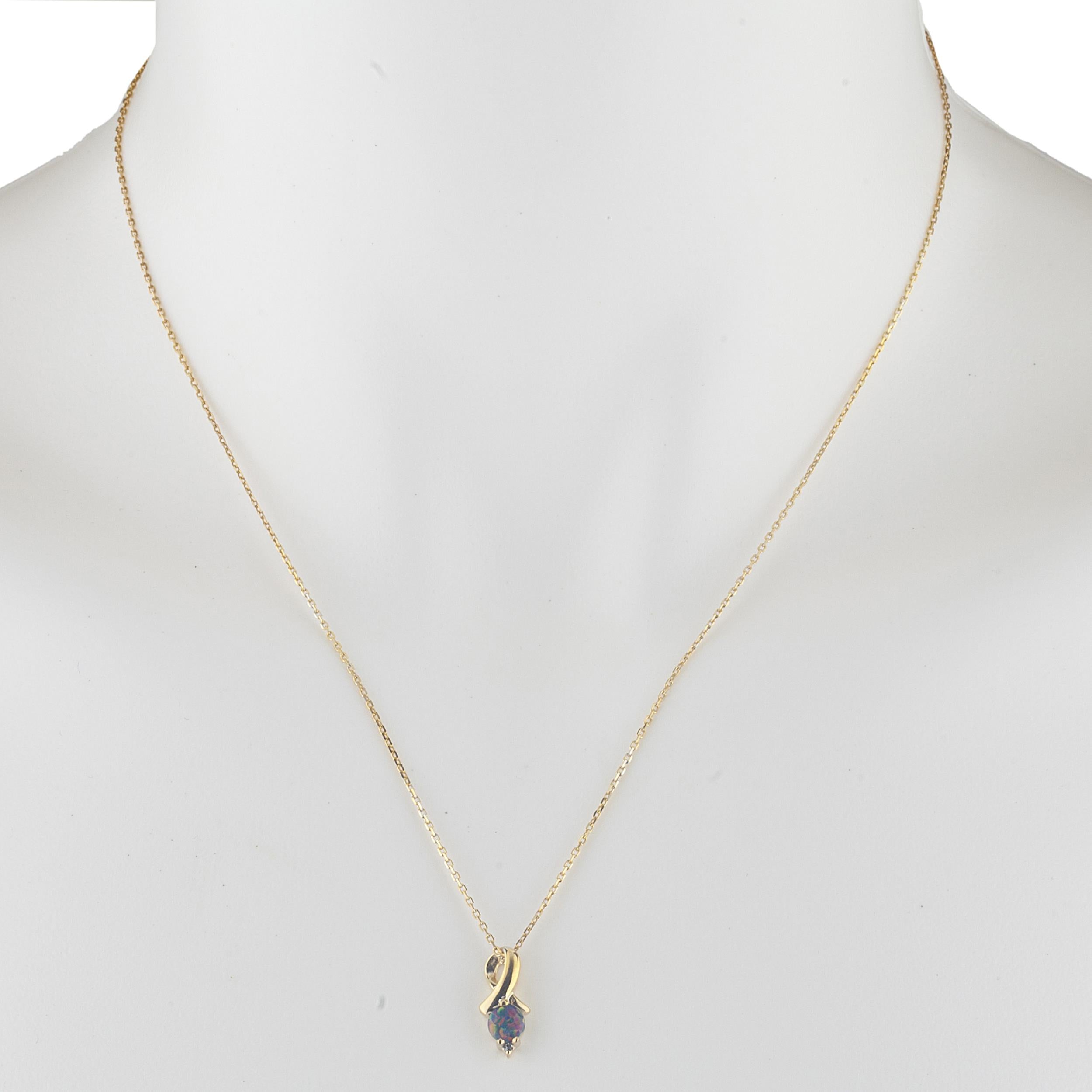 14Kt Gold Black Opal & Diamond Round Design Pendant Necklace