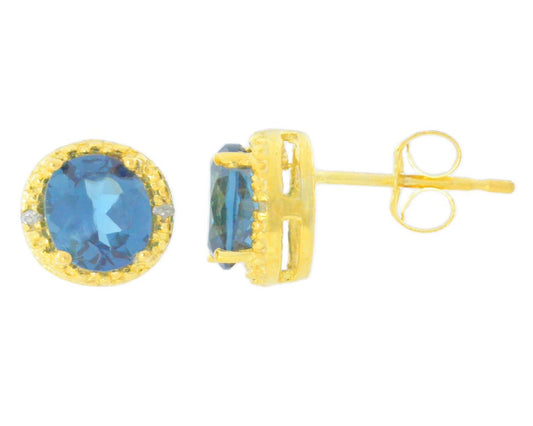 2 Ct London Blue Topaz & Diamond Round Stud Earrings 14Kt Yellow Gold Plated