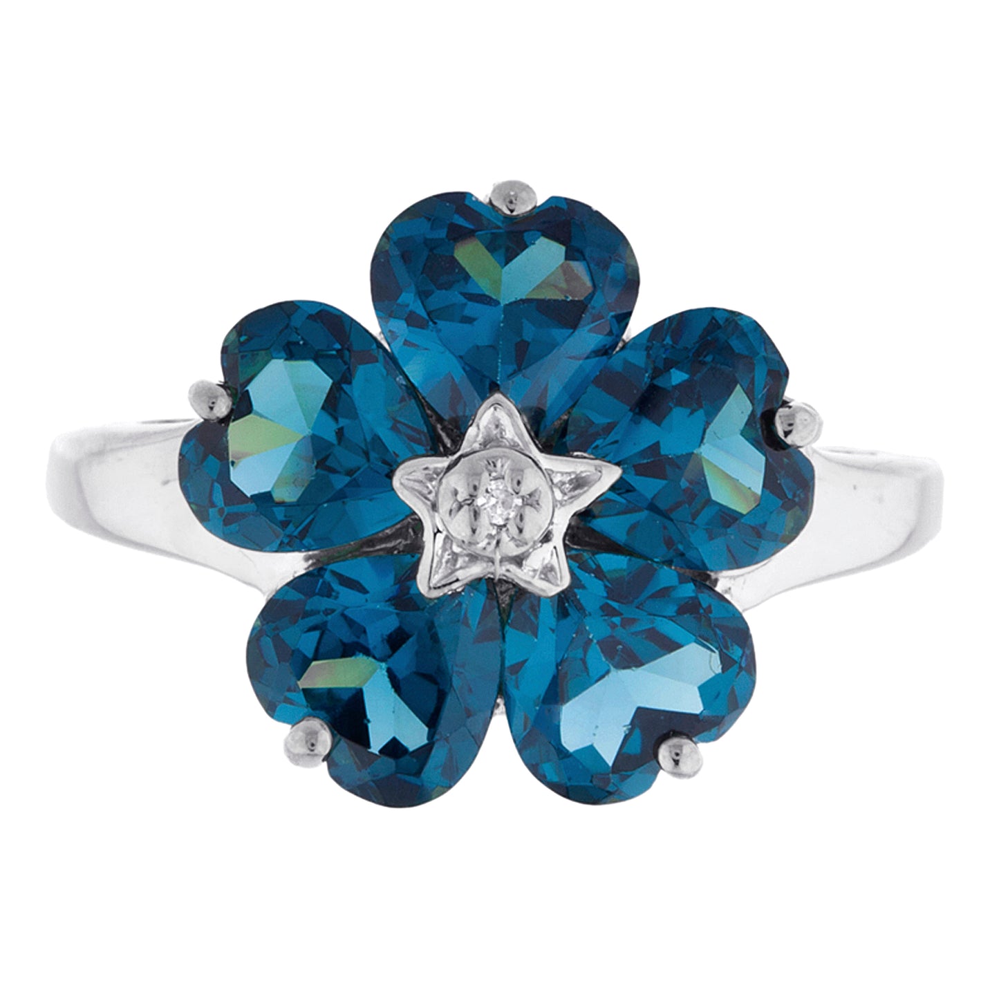 14Kt Gold London Blue Topaz & Diamond Heart Flower Design Ring