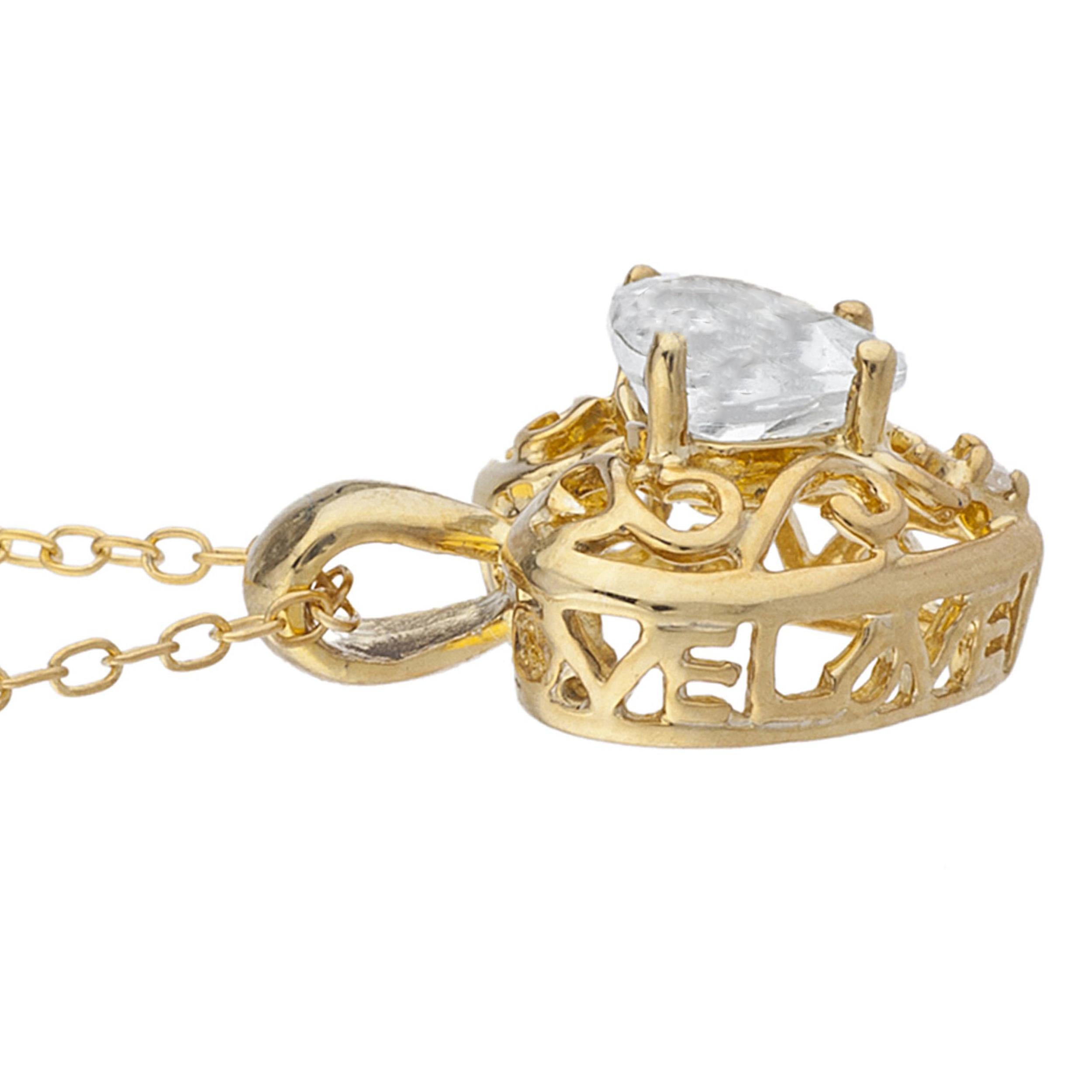 14Kt Gold White Sapphire & Diamond Heart LOVE ENGRAVED Pendant Necklace
