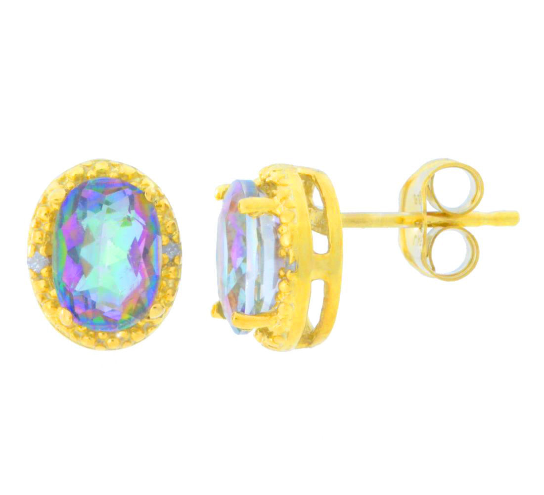 2 Ct Mystic Quartz & Diamond Oval Stud Earrings 14Kt Yellow Gold Plated