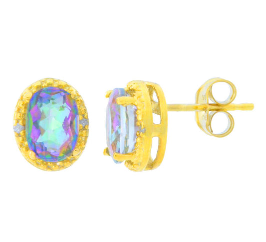 2 Ct Mystic Quartz & Diamond Oval Stud Earrings 14Kt Yellow Gold Plated