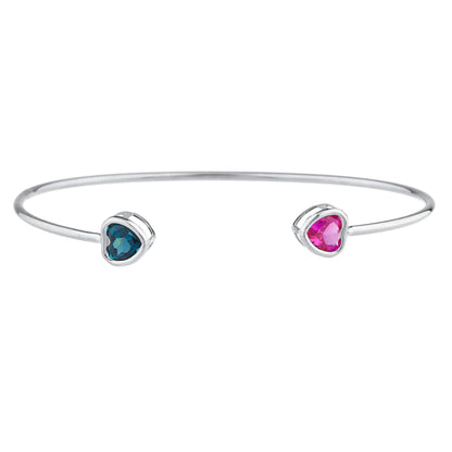 Pink Sapphire & London Blue Topaz Heart Bezel Bangle Bracelet .925 Sterling Silver