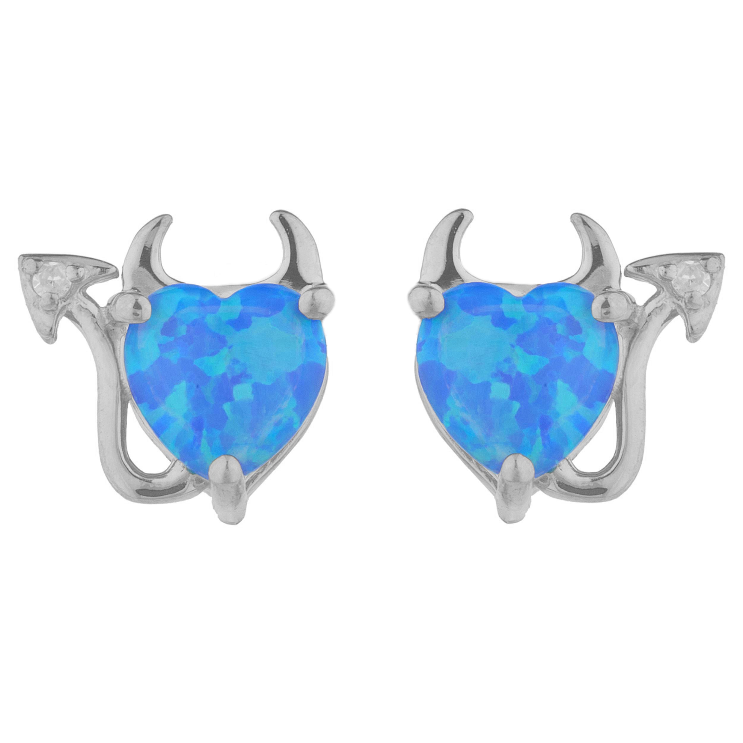 14Kt Gold Blue Opal & Diamond Devil Heart Stud Earrings