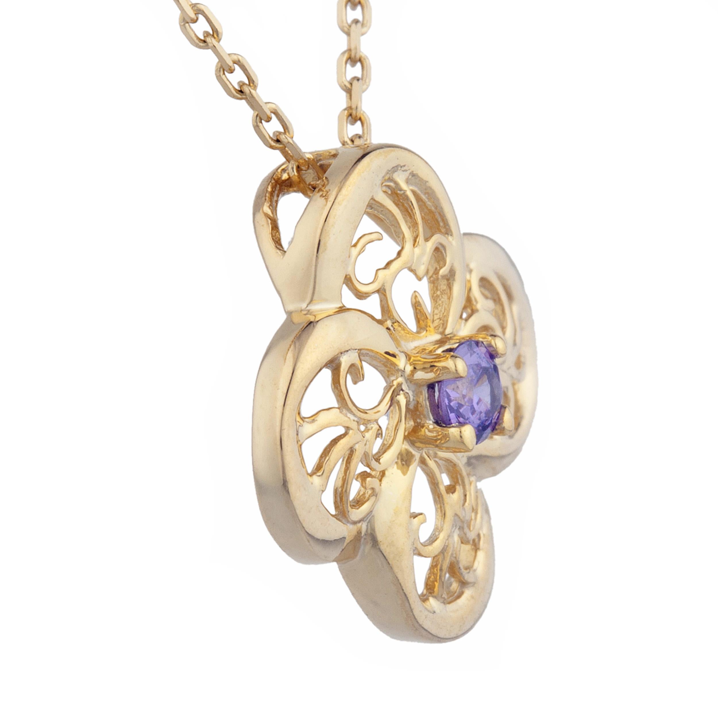 14Kt Gold Amethyst Clover Design Pendant Necklace