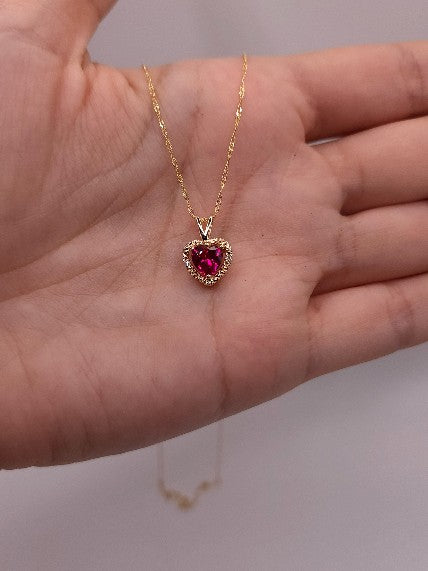 14Kt Gold Created Ruby & Diamond Heart Pendant Necklace