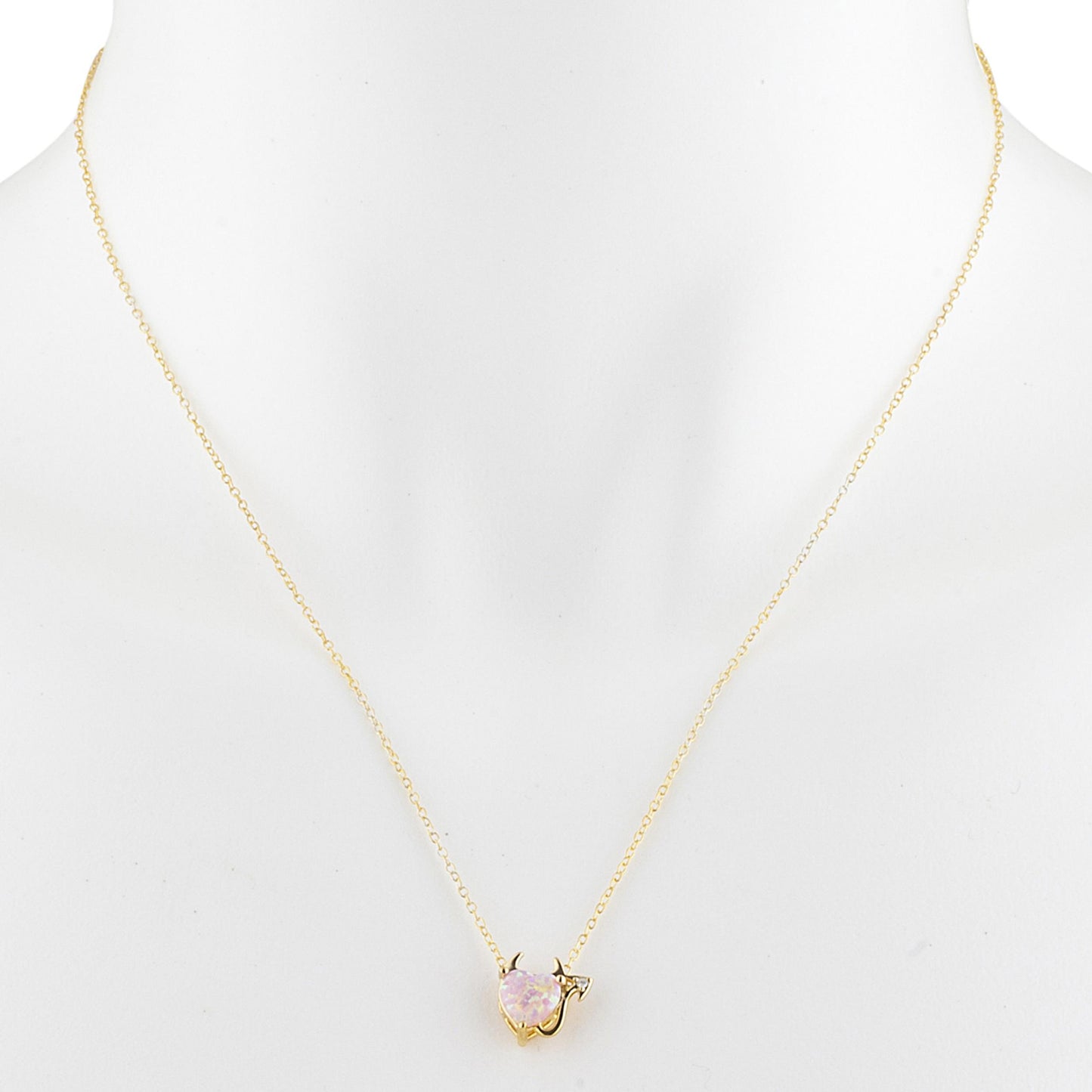 14Kt Gold Pink Opal & Diamond Devil Heart Pendant Necklace