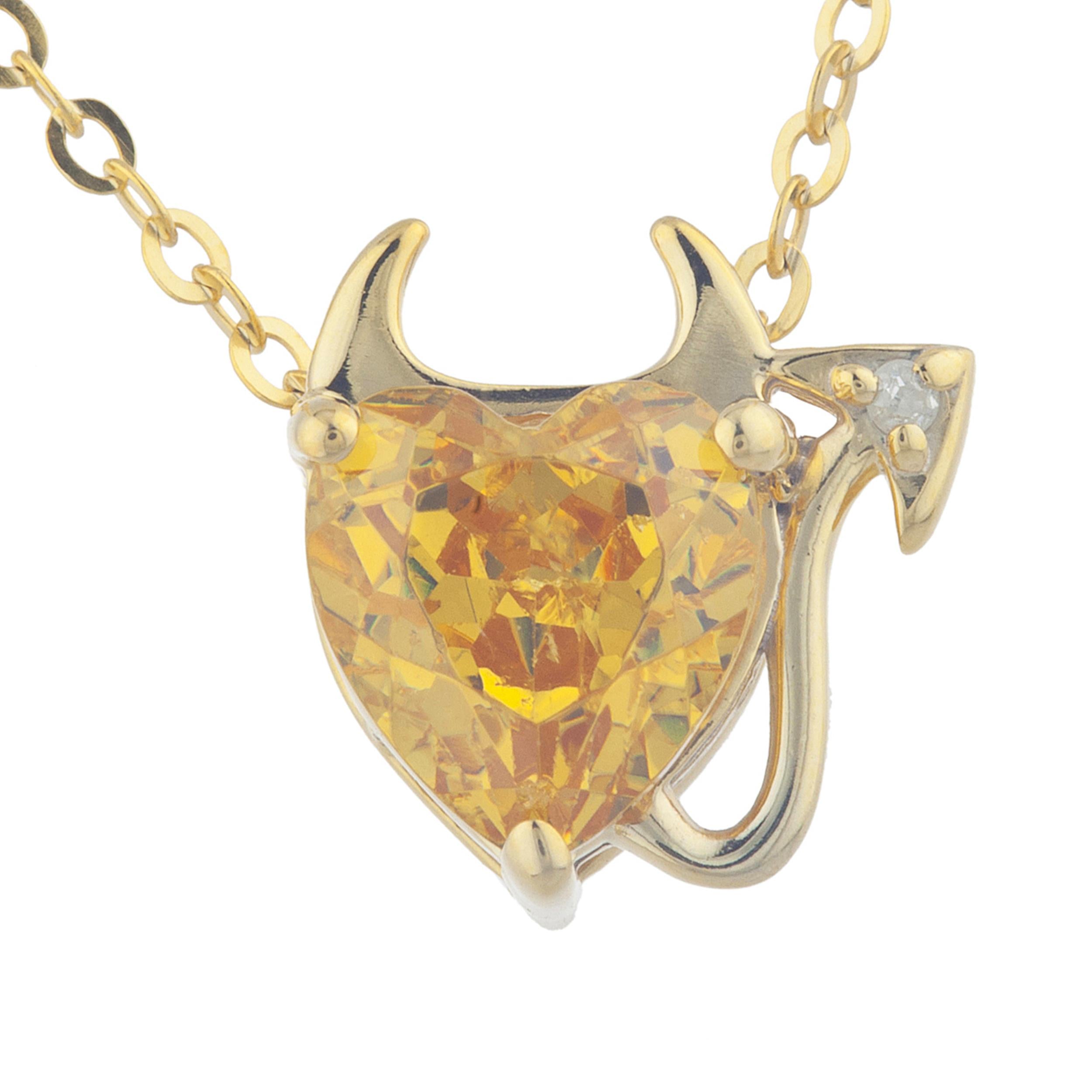 14Kt Gold 1.5 Ct Yellow Citrine & Diamond Devil Heart Pendant Necklace