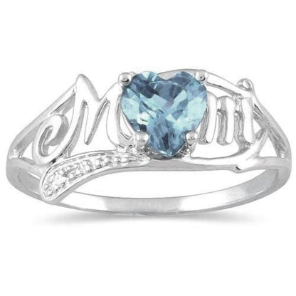 .50 Ct Genuine Aquamarine & Diamond Heart Mom Ring .925 Sterling Silver