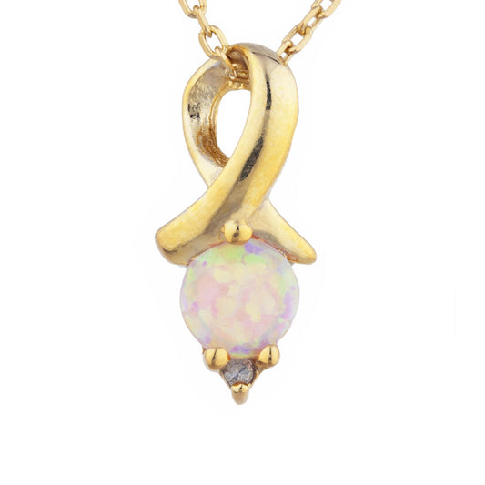 14Kt Gold Pink Opal & Diamond Round Design Pendant Necklace